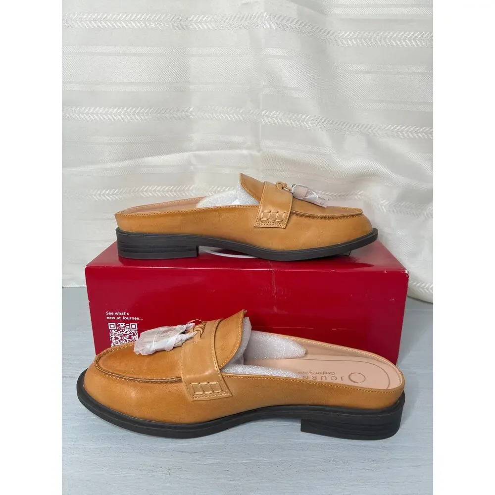 Journee Collection Azura Tassel Mule Loafer Tan Round Toe Size 7M
